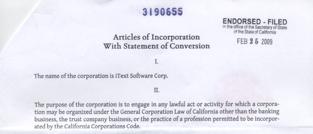 Incorporation of iText Software Corp.