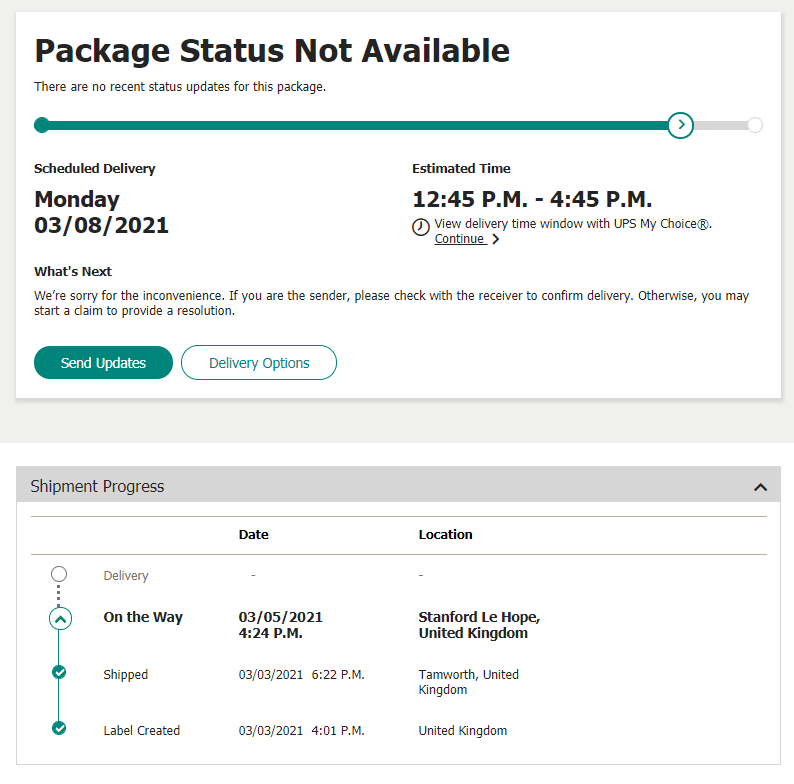 UPS: Package Status Not Available
