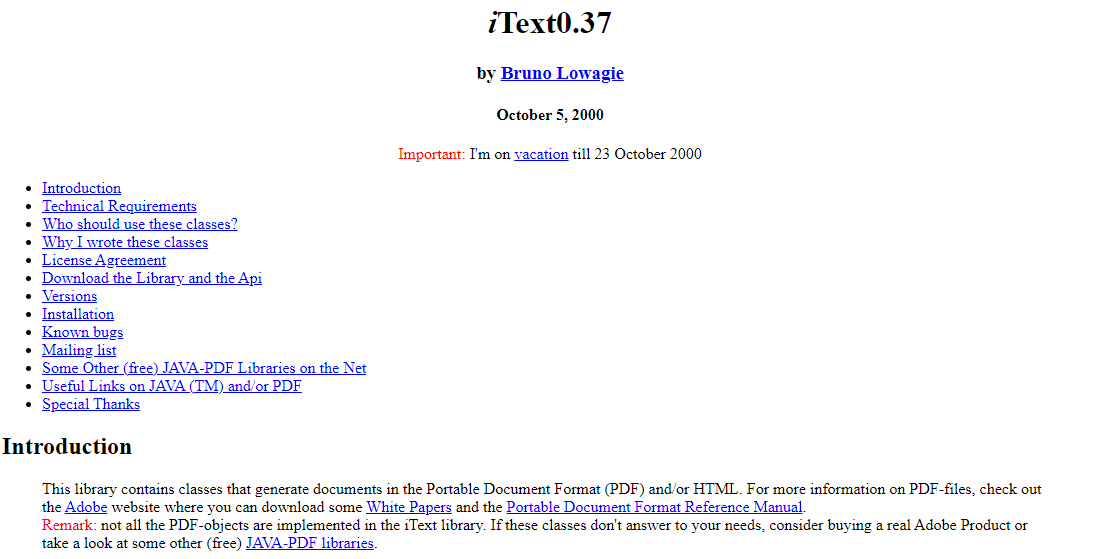 iText website in October 2000