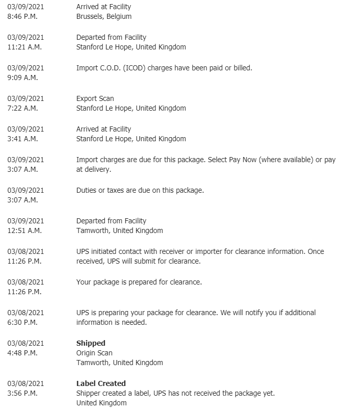 First part of the itinerary of a UPS package